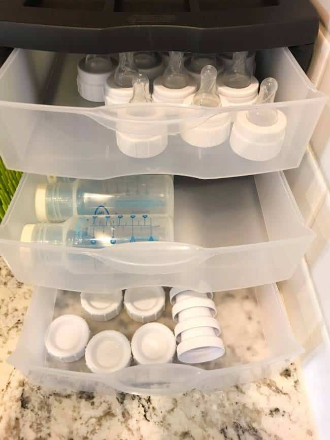 Plastic drawers for baby bottle storage and organization