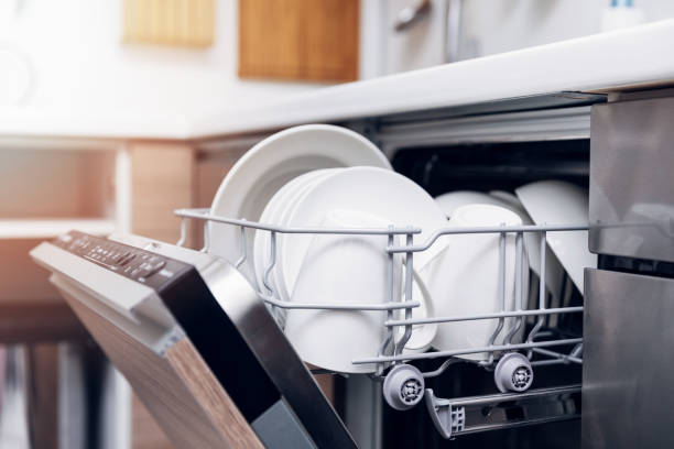 dishwasher door open with plates visible