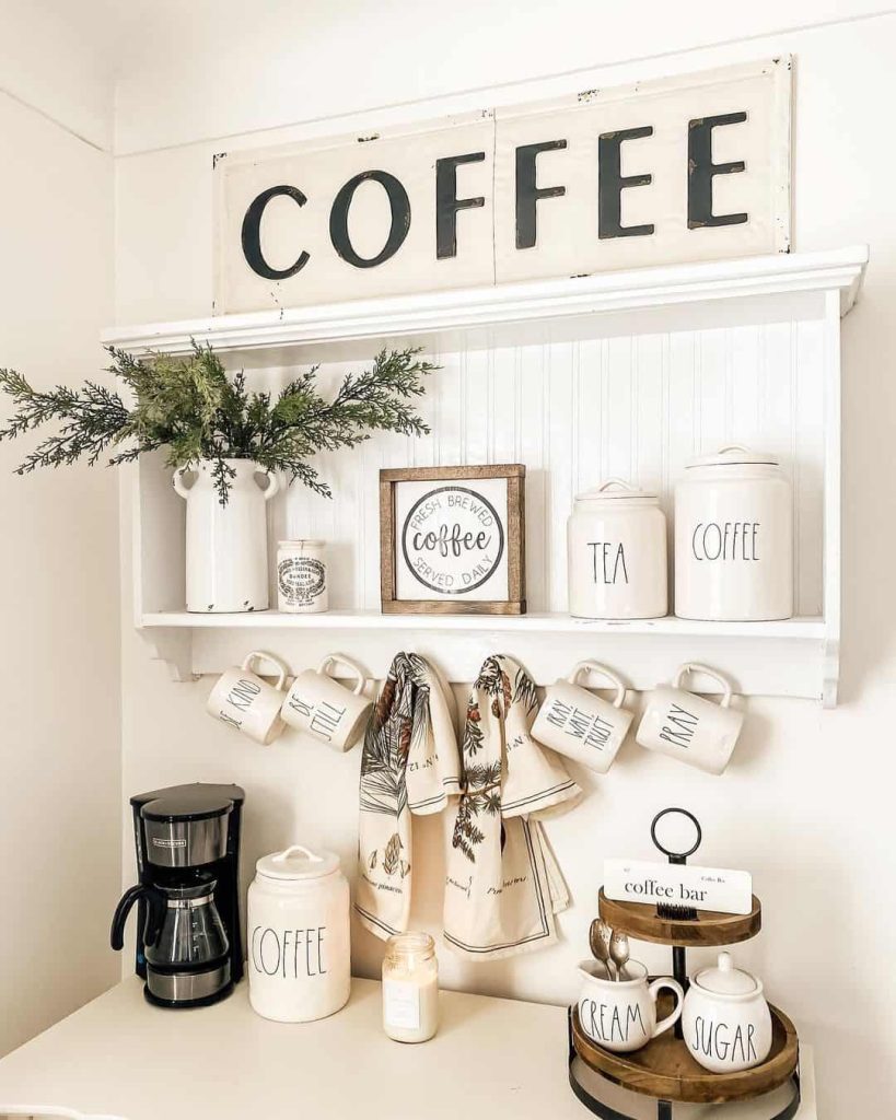 white kitchen nook with coffee station table