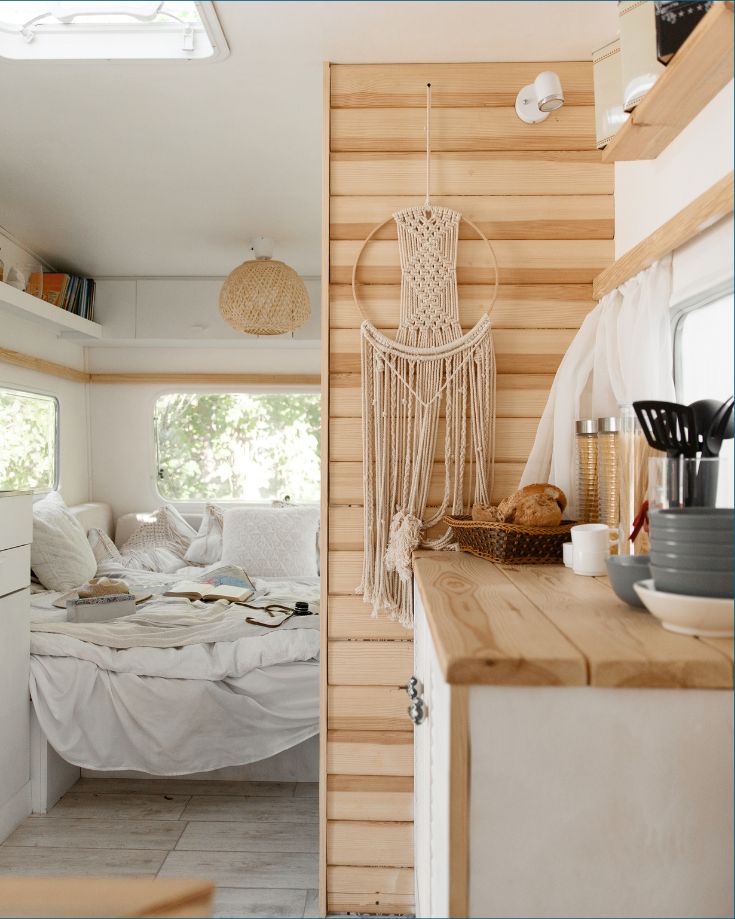 RV kitchen with a bedroom