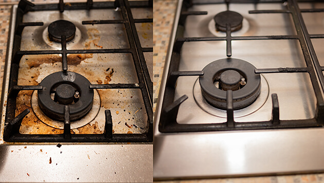 before and after of burnt-in stovetops cleaning