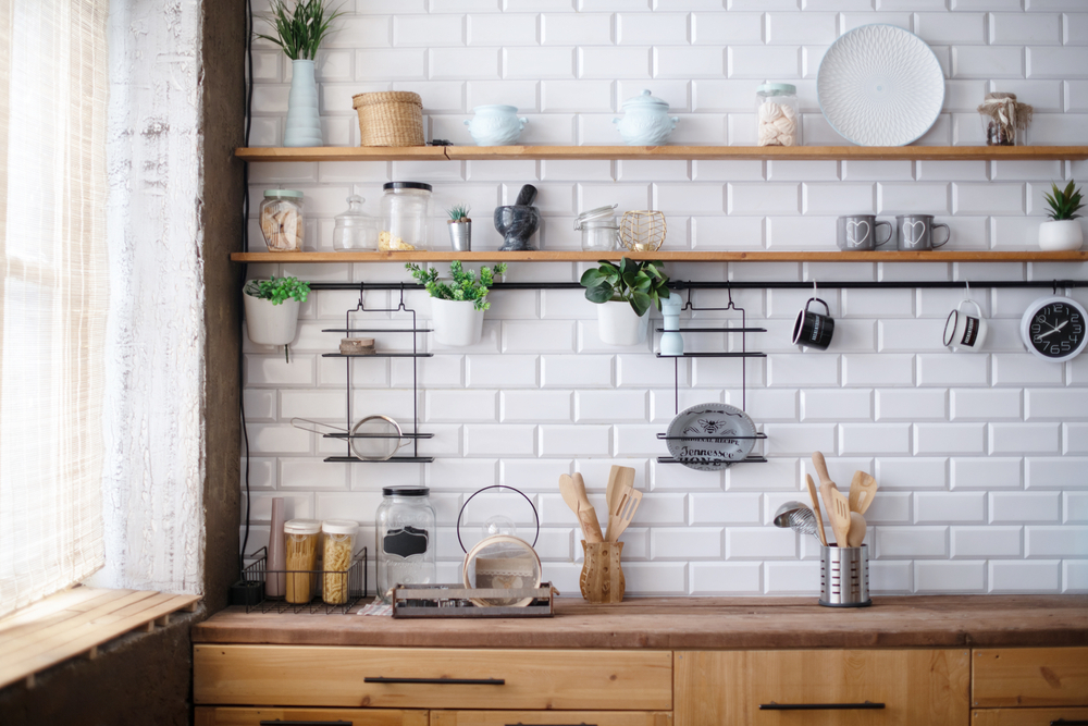 floating shelves for storing utensils without drawers