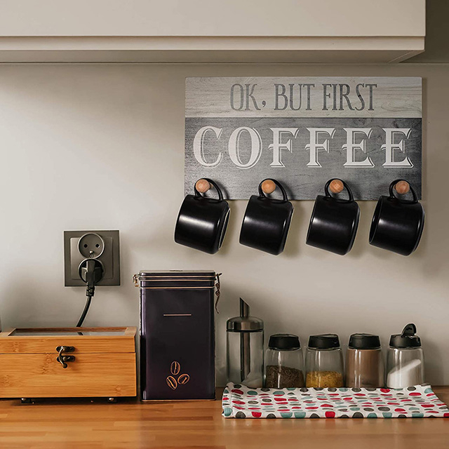 coffee station having coffee accessories and mugs